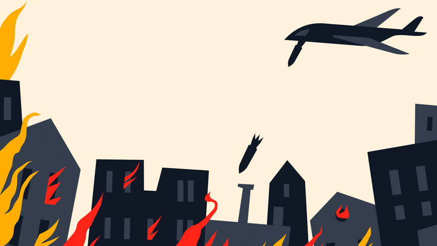 A stylised flat animation of a city engulfed in flames, with a jet flying above and buildings collapsing in smoke.