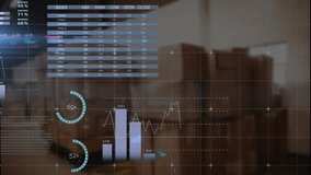 Holographic data overlay floating above warehouse shelves, showing world map and pie charts. Geometric, futuristic, analytics, industrial, technology, digital, enterprise - Powered by Shutterstock - Get 15% off with code: PIKWIZARD15
