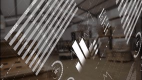 Data overlay floating across warehouse storage showing pie segments, grid bars, map labels. Analytics, logistics, industrial, digital, futuristic, efficiency, planning - Powered by Shutterstock - Get 15% off with code: PIKWIZARD15