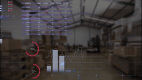 Digital data overlay animating in blurred warehouse scene, showing world map, pie chart, bar graph. Technology, analytics, industrial, modern, corporate, investment, statistics - Powered by Shutterstock - Get 15% off with code: PIKWIZARD15