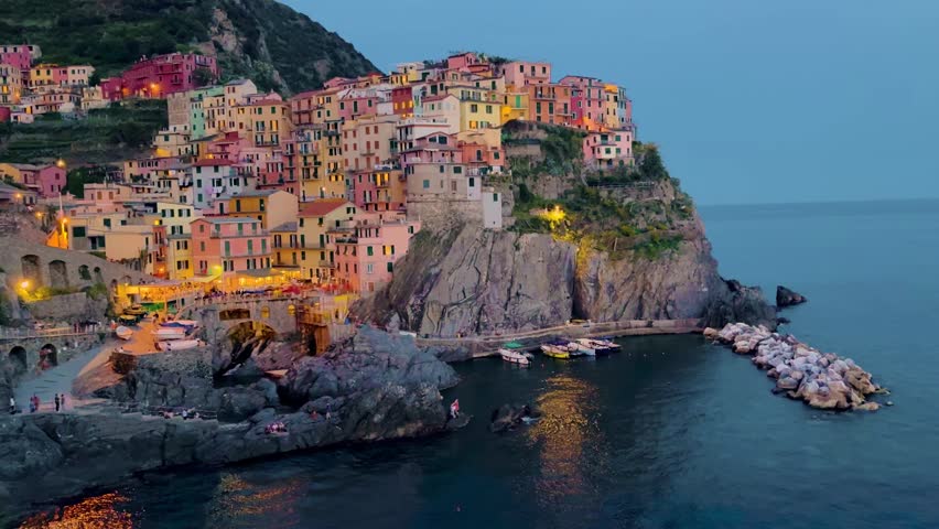 Aerial Sunset View of Colorful Cinque Terre Villages on the Italian Mediterranean Coast