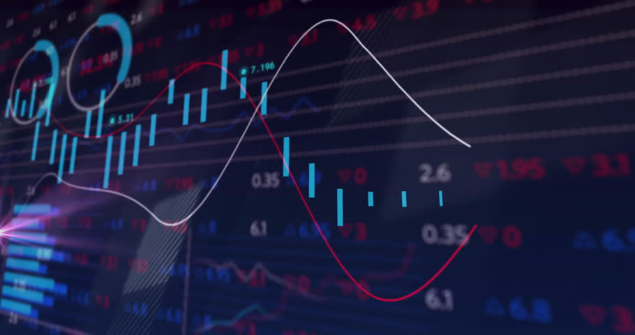 Central finance dashboard displaying colored candlesticks, trend lines, circular percentage gauges. Finance, analytics, data visualization, technology, dashboard, investment, stock market