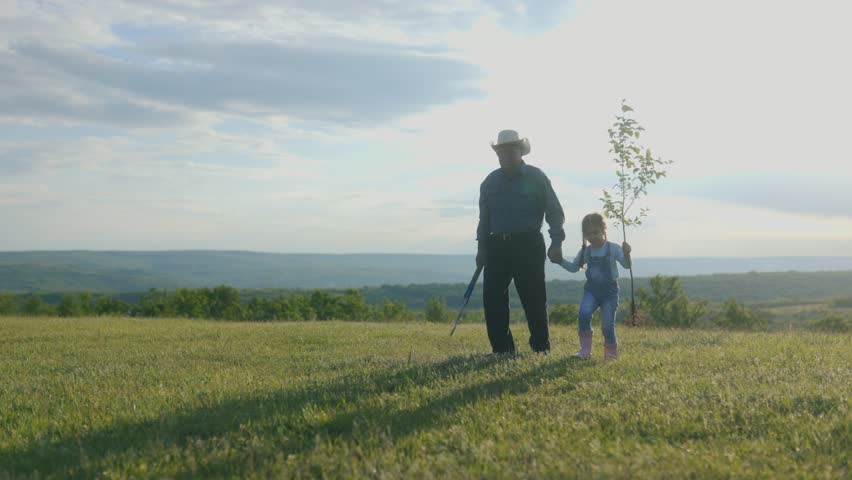 Grandpa carries a shovel while his granddaughter holds a tree as they walk through a wide green field on a sunny day, planning to plant a tree together.