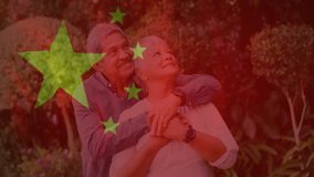 Senior couple standing in garden, with animated heart icon and health chart appearing. Romance, intimacy, connection, wellness, aging, outdoors, tranquility - Powered by Shutterstock - Get 15% off with code: PIKWIZARD15