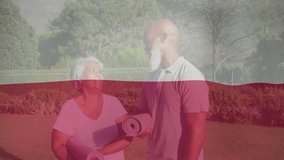 Senior woman and mature adult man holding yoga mats, displaying animated fitness metrics and graphs. Outdoor, wellness, vitality, leisure, harmony, connection, serenity - Powered by Shutterstock - Get 15% off with code: PIKWIZARD15