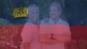 Senior couple exploring heritage through animated flag overlay in educational content. Elderly, wellness, vitality, nature, outdoor, friendship, serenity - Powered by Shutterstock - Get 15% off with code: PIKWIZARD15