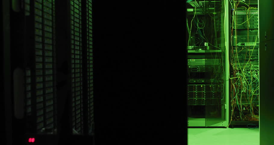 Animated illustration showing shield envelope icon glowing inside data center with racks cables. Technology, cybersecurity, futuristic, corporate, digital, innovation, network