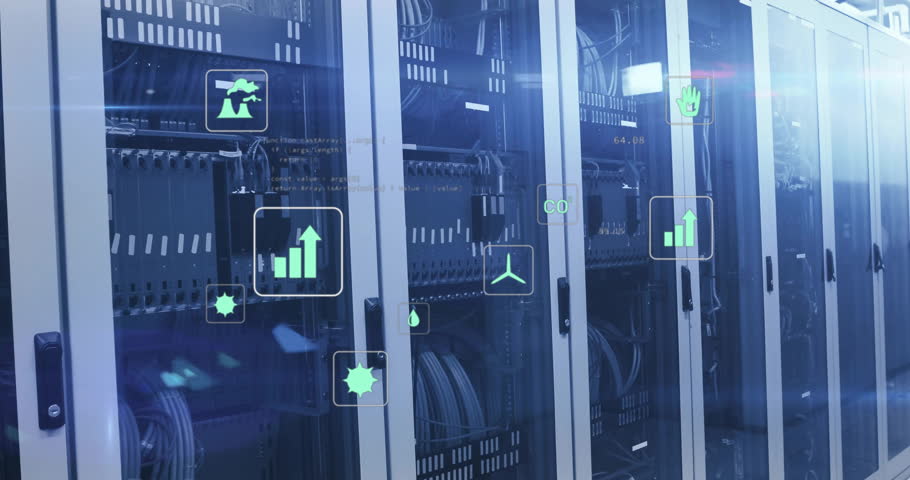 Server cabinets glowing in cool blue corridor, showing cables, floating green energy and code icons. Data center, technology, digital, infrastructure, connectivity, cybersecurity, innovation