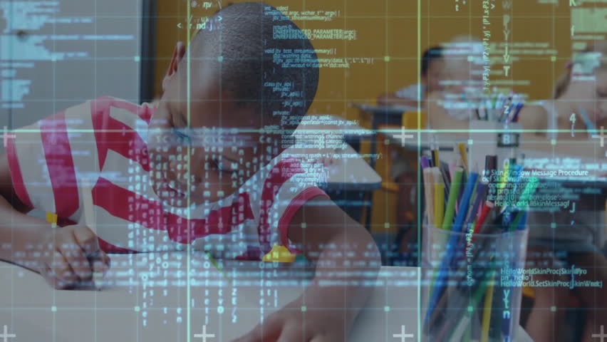 Elementary students writing and drawing at desks in classroom, with floating code and data grids. Children, education, learning, creativity, technology, classroom, teamwork - Powered by Shutterstock - Get 15% off with code: PIKWIZARD15
