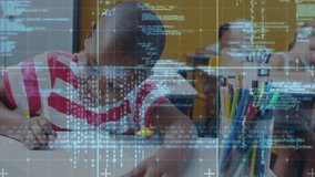 Elementary students writing and drawing at desks in classroom, with floating code and data grids. Children, education, learning, creativity, technology, classroom, teamwork - Powered by Shutterstock - Get 15% off with code: PIKWIZARD15