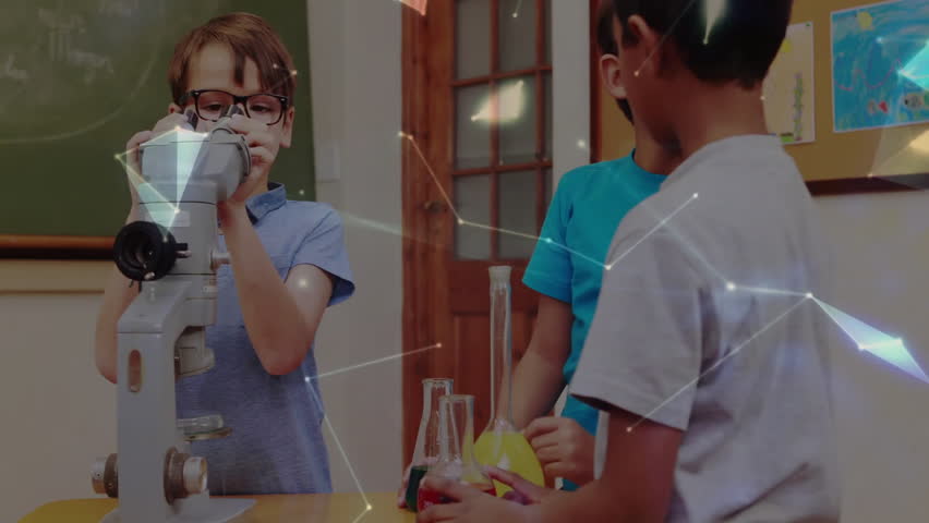 Students exploring science experiment in lab, with microscope, flasks, digital globe, light trails. Education, stem, innovation, curiosity, development, learning, experimentation - Powered by Shutterstock - Get 15% off with code: PIKWIZARD15