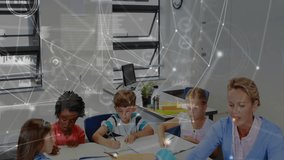 Teacher guiding five children in classroom, data charts and network graphics floating over sketches. Learning, education, collaboration, creativity, technology, teamwork, instruction - Powered by Shutterstock - Get 15% off with code: PIKWIZARD15