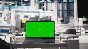 Isolated copy space display on laptop in solar cell manufacturing plant, solar power engineering for sustainable solutions and cheaper energy. Empty desk in a high tech factory. - Powered by Shutterstock - Get 15% off with code: PIKWIZARD15