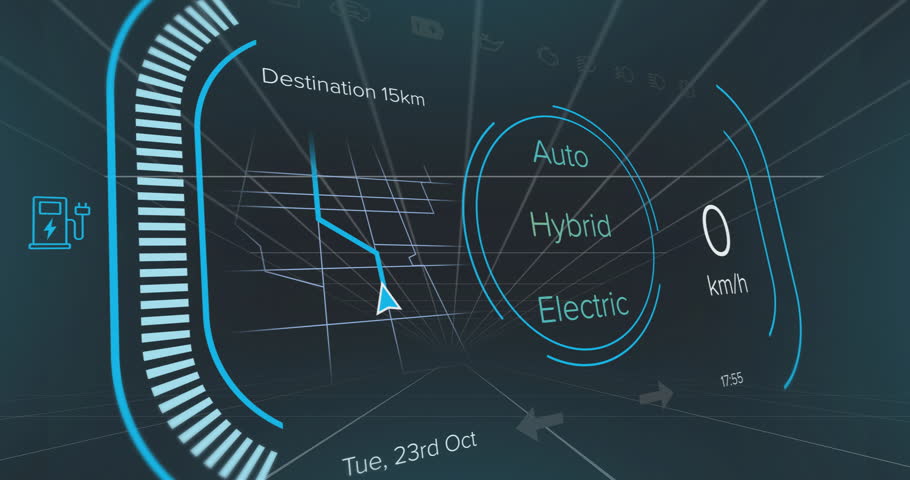Digital auto HUD 3D render projecting over dark grid, showing wireframe map and semi-circular ring. Futuristic, technological, virtual, sleek, digital, interactive, navigation
