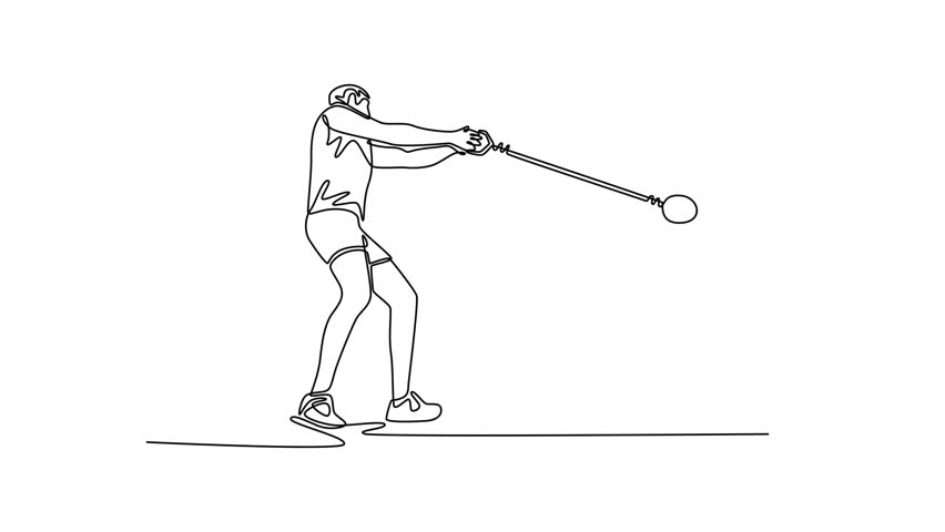 Self drawing animation of single line draw strong male athlete performing hammer throw in outdoor stadium. Focused precision, release discus, demonstrating skill. Continuous line. Full length animated