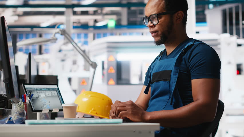 Solar energy expert updates design models in eco friendly factory with a focus on research and innovation. Male worker supports sustainable industrial growth using digital systems. Camera A.
