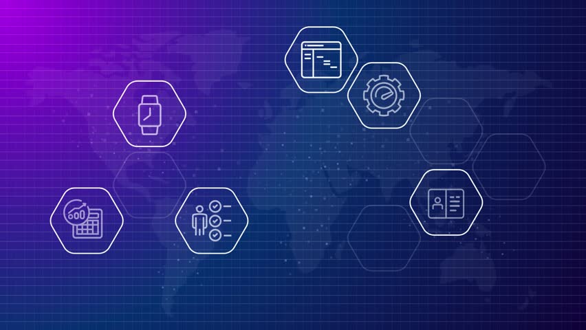 Icon elements of managing project planning timeline task list blue background with map