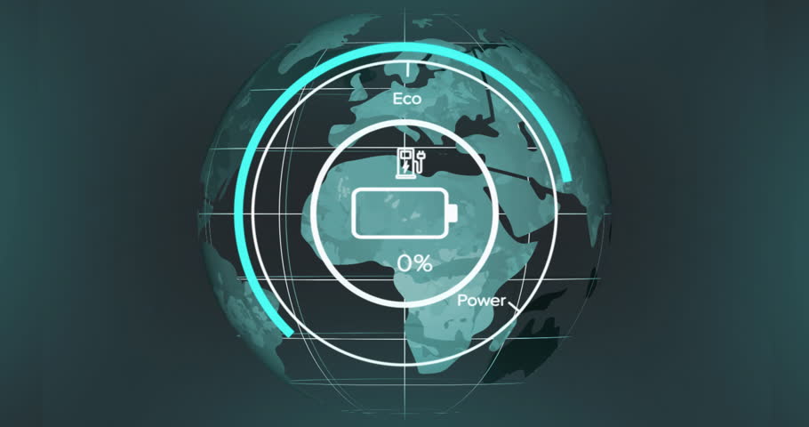 Flat design dashboard showing circular battery gauge charging eco power around transparent globe. Technology, sustainability, innovation, digitalart, ecofriendly, energy, data visualization
