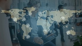 Senior woman holding tablet guiding corporate tech meeting under animated world map overlay. Collaboration, teamwork, digital, connectivity, executive, modern, innovation - Powered by Shutterstock - Get 15% off with code: PIKWIZARD15