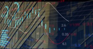 Candlestick chart being visualized on skyscraper facade, with red trend lines and data overlays. Finance, data, digital, technology, urban, modern, analysis - Powered by Shutterstock - Get 15% off with code: PIKWIZARD15