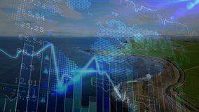 Digital financial overlay moving over coastline, showing world map, cyan line graph and bar chart. Landscape, technology, data visualization, financial, futuristic, nature, analytics - Powered by Shutterstock - Get 15% off with code: PIKWIZARD15