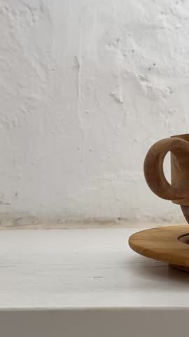 Handmade Ceramic Tea Set, Teapots and Bowls on Wooden Table, Backward Move