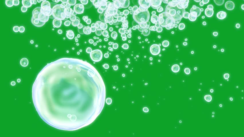 Soap bubble animation slowly falling on a green screen. Soap bubble fall on chroma key background.