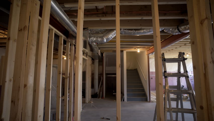 New Home Basement Construction with Wooden Support Beams