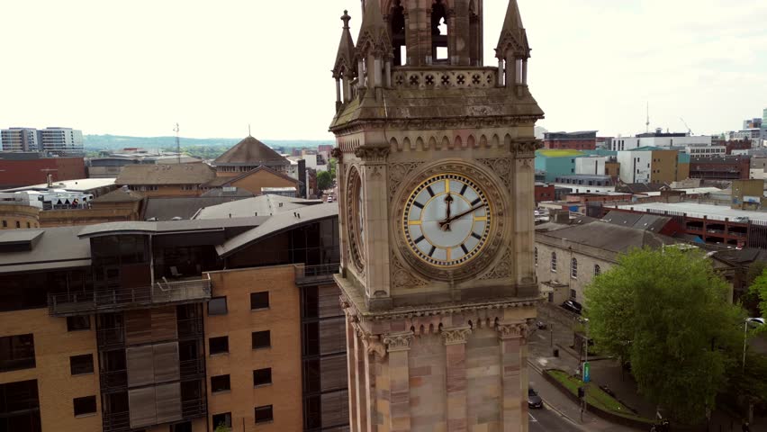 Rotating aerial of the Albert Clock in Belfast City Centre in Northern Ireland, UK. Filmed in 4K, 30fps and with Rec709 Color.