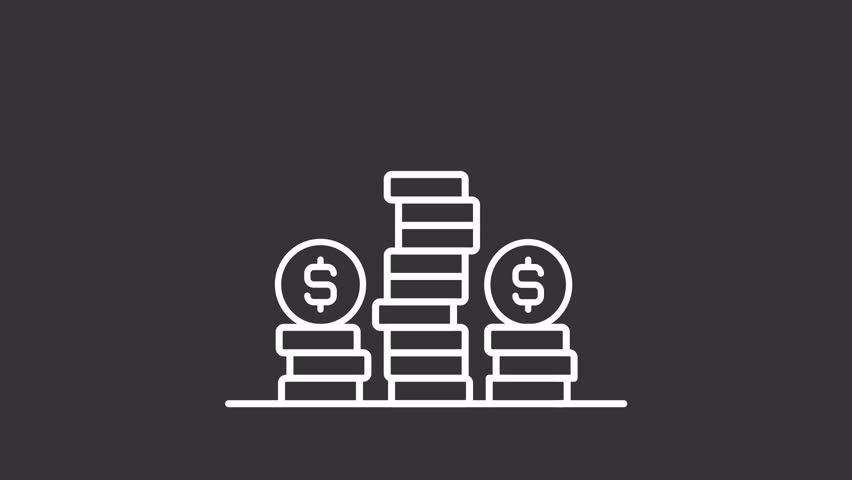 Animated money white line icon. Coin stacks animation. Spinning coins. Jumping, shaking. Profit, income. Financial management. Isolated element on dark background. Alpha transparent video