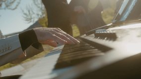 Close up musician playing electric piano or synthesizer at music festival. Musical art concept. Rock band rehearsing. Slow motion video 4K - Powered by Shutterstock - Get 15% off with code: PIKWIZARD15