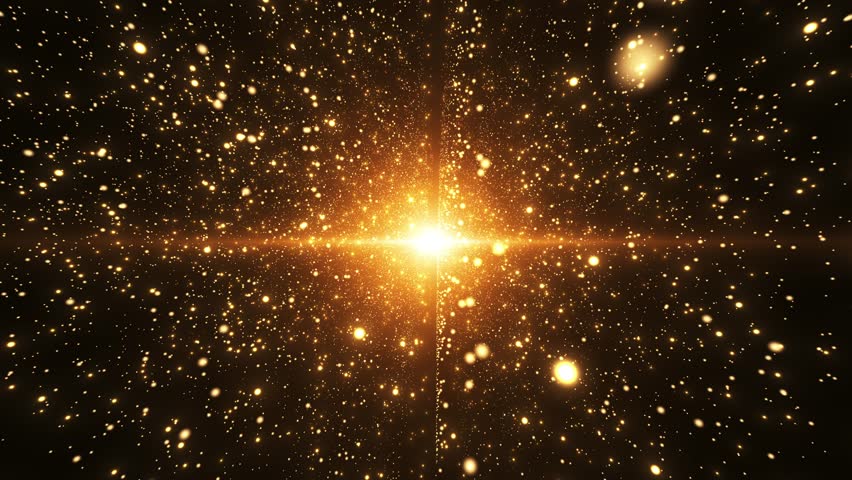 Abstract background of yellow particles. Bright shiny background. Glitter dust and beautiful bokeh on dark background. Space background with galaxy and stars. Seamless loop
