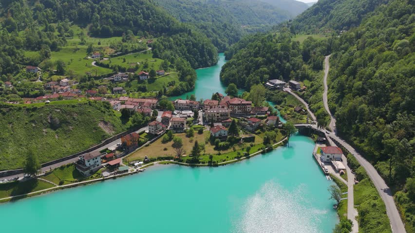 Aerial shots Slovenia Most na Soči bridge Soča River