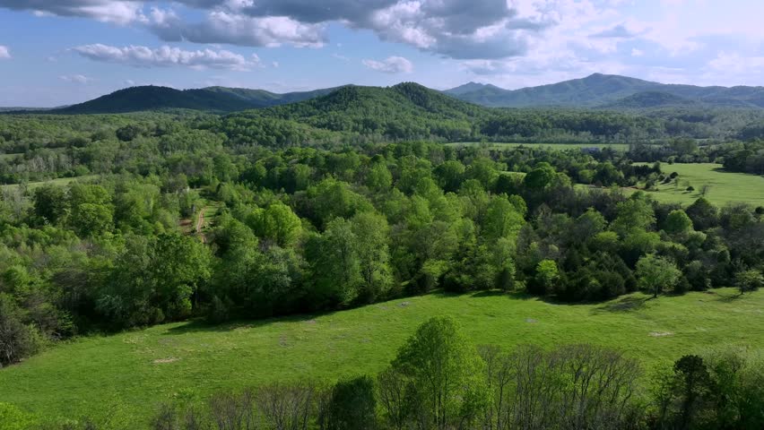 Aerial establishing shot of green lush forest landscape with mountains and small house in suburb. American suburb district with clouds at sky. Wide shot.