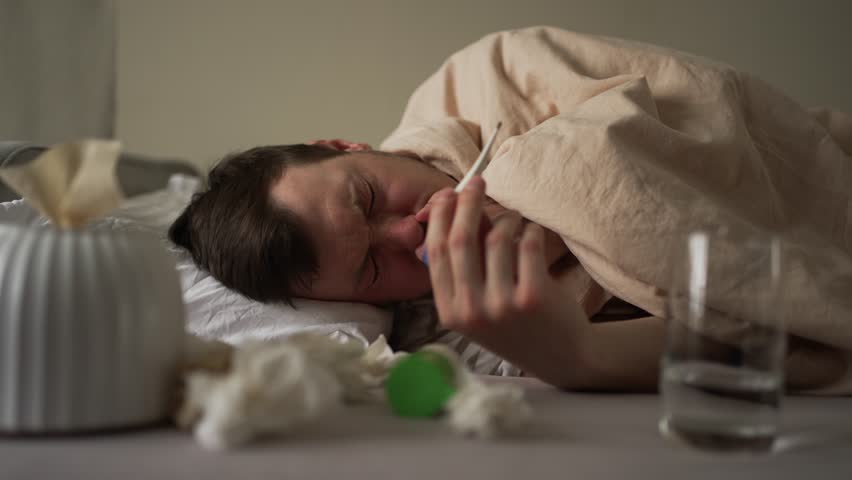 Caucasian man suffering from cold or flu lying in bed covered with blanket, checking his body temperature with a thermometer, blowing his nose and coughing, with tissues and glass of water near him