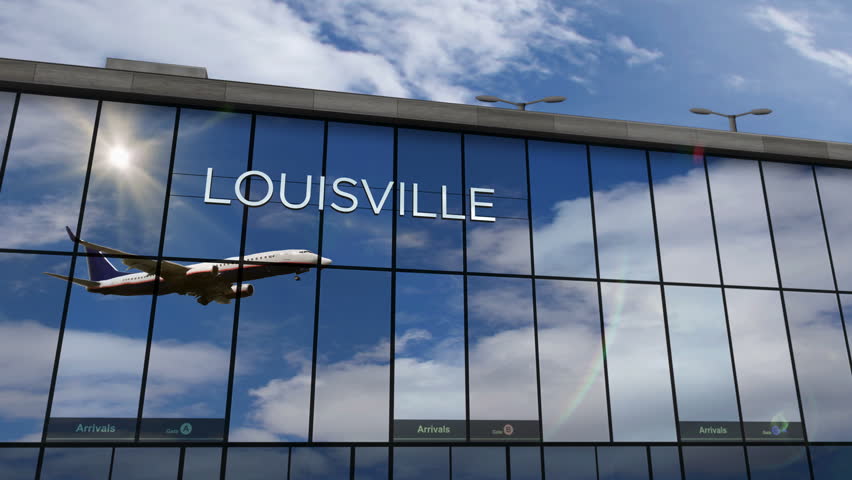Plane landing at Louisville, Kentucky, USA, . Arrival in the city with the glass airport terminal and reflection of the jet aircraft. Travel, business, tourism and transport 3D concept.