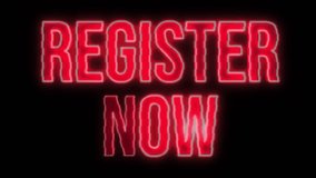 vintage red Neon Register now, text flickering on a black background - Powered by Shutterstock - Get 15% off with code: PIKWIZARD15