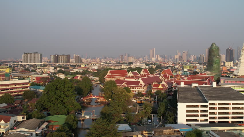 Aerial of a temple in a city, Bangkok, Thailand.