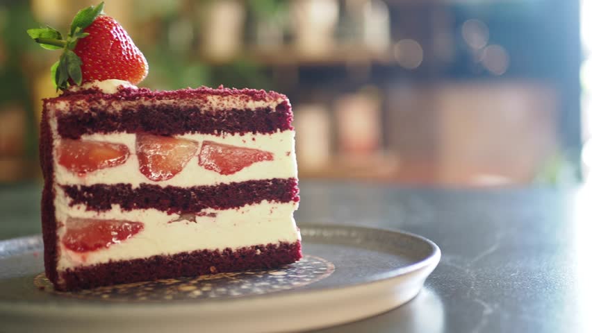 A Delicious Layered Strawberry Red Velvet Cake Slice with enticing flavors