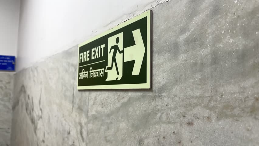 Close-Up Of Fire Exit Sign place on the wall to guide people in case of emergency written in english and hindi