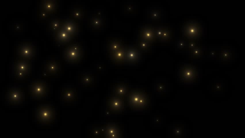 Glowing flying gold fireflies magic sparkles floating particles enchanted forest dust looping overlay on black background.