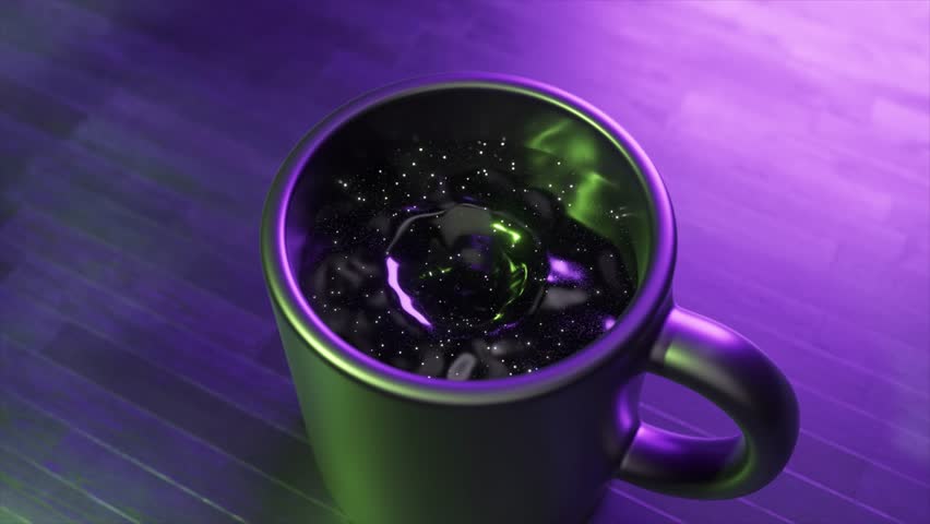 Swirling cosmic energy expanding within dark ceramic surface, illuminated by vibrant purple light creating mesmerizing galactic beverage visualization. 3D Illustration