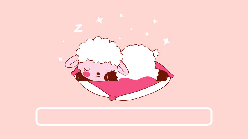 Looping animation of a cute sleeping sheep on a pink pillow with a progress bar, cartoon style on transparent background