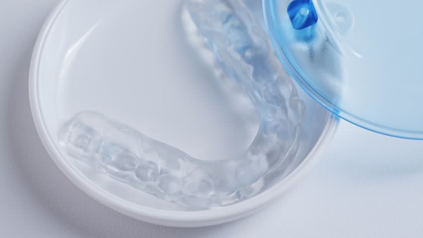 Close up of dental splints for the treatment of bruxism, malocclusion, and for relaxing jaw muscles. High quality 4k footage