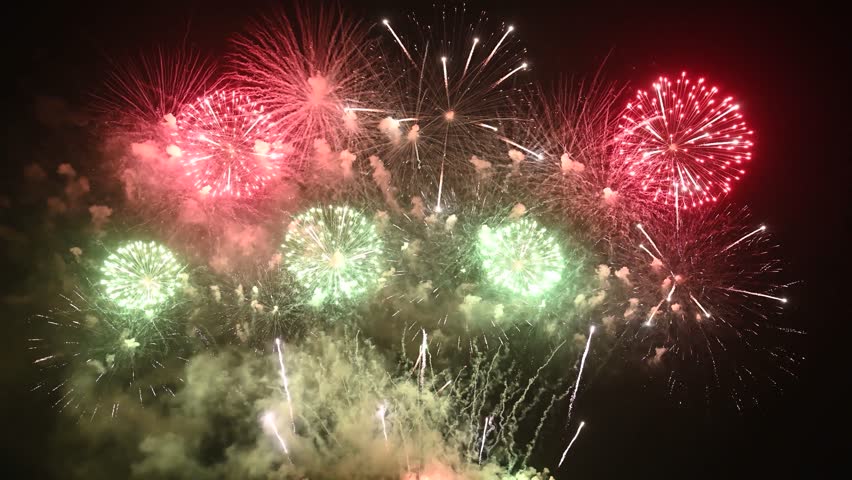 Seamless looping real Fireworks display celebration, Colorful New Year Firework
