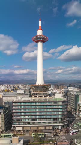 Kyoto Japan time lapse city skyline at Kyoto Tower (Vertical)