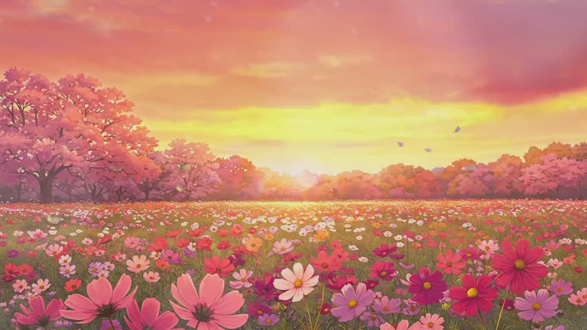 beautiful flowers field and butterflies with sunset in the background 