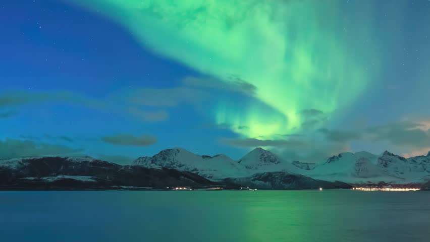 Tromso Norway time lapse of the aurora borealis northern lights winter landscape at Rorvikneset Sommaroy