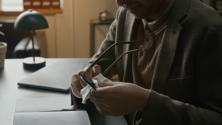 Tilt up of young adult Indian male therapist putting on glasses after wiping them with tissue, working in warm-lit office