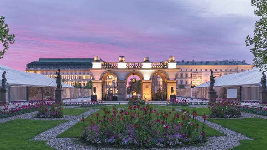 Warsaw Poland time lapse night to day sunrise city skyline at Tomb of the Unknown Soldier Monument